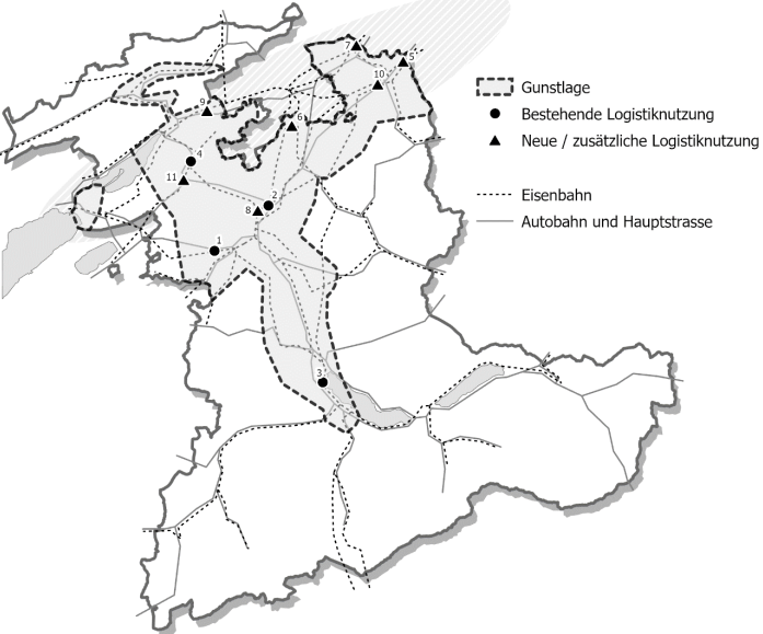 Carte avec des emplacements propices et des zones prioritaires pour la logistique
